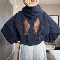 Sweat-shirt à capuche oversize pour femme, style Y2K streetwear, avec empiècements en dentelle et découpes, manches longues, couleur unie, décontracté