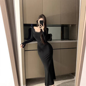 Gray Long Sleeve Slash Neck Bodycon Dress With Slit For Women Autumn Slim Fit Fishtail Inner Dress Natural Waistline City - Product Image 2