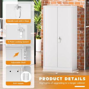 Armoire de rangement blanche en acier verrouillable, 2 portes, étagères réglables, serrure à clé, grand organisateur d'outils pour école, salon, sous-sol - Product Image 2