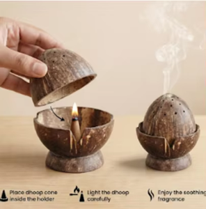 Brûleur d'encens rond artisanal en coquille de noix de coco gravée, art populaire, 10 cm de hauteur, décoration de table pour la maison - Product Image 3