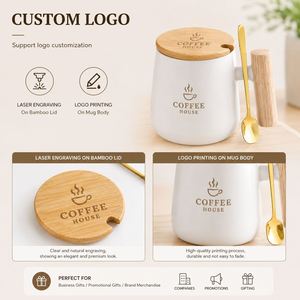 Mug en céramique écologique avec poignée en bois, logo personnalisé imprimé, livré avec couvercle en bois et cuillère en acier inoxydable, prêt à offrir - Product Image 4