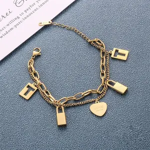 Groothandel Nieuwe Titanium Stalen Vrouwen Dubbel Gelaagde Liefdesbrief Hartvormig Sleutelslot Hangende Armband