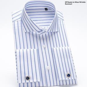 เสื้อเชิ้ตผู้ชายสไตล์ฝรั่งเศส คอปกสี่เหลี่ยม ยี่ห้อ DP ไม่ต้องรีด ลายทาง สำหรับงานทางการ ธุรกิจ ผ้าฝ้ายทวิล กระดุมข้างเดียว พร้อมกระดุมข้อมือ - Product Image 1