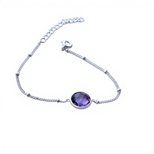 Minimalist 925 Silver Chain <b>Bracelet</b> With <b>Amethyst</b> Bezel Setting Women's Everyday Wear Jewelry - Product Image 1
