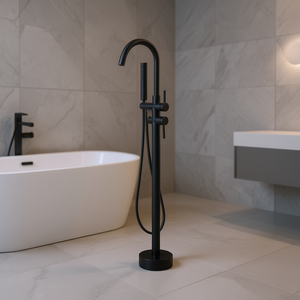 Grifo de Bañera Independiente Negro Mate con Ducha de Mano, Monomando, Montaje en Suelo, 37.6 Pulgadas, Diseño Minimalista - Product Image 2