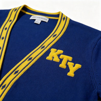 Vente en gros de cardigan long pour femmes en tricot bleu royal, personnalisé OEM ODM, broderie chenille, ouverture sur le devant, imprimé