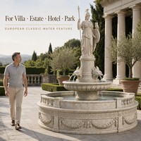 Fontaine en marbre baroque européen avec statue de guerrière, lance, bouclier et hibou, pour aménagement aquatique extérieur d'hôtels, centres de villégiature, places publiques et parcs