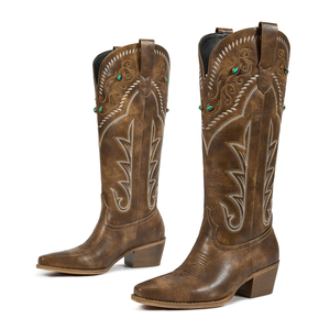 WETKISS Bottes de cowgirl western à bout pointu pour <span class=keywords><strong>femme</strong></span>, turquoise, cloutées, hauteur genou, talon épais rétro, bottes longues - Product Image 4
