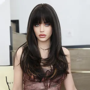 Long Wavy Wig Black Blonde Highlight Layered Wig With Bangs Synthetic Heat Resistant Hair Straight Wig For Daily Use 26 Inches