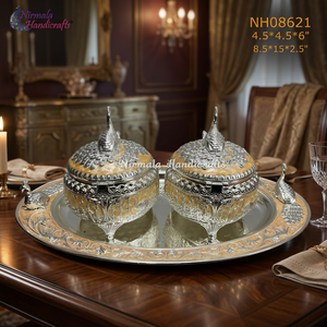 Plateau décoratif en métal et verre avec motif paon et ensemble de 2 bols |   Ensemble de service et de cadeaux de conception moderne artisanale du Rajasthan - Product Image 3