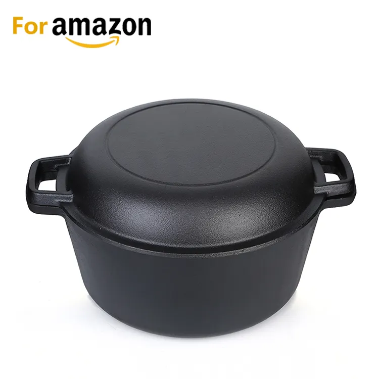 Soluzione Amazon all'ingrosso multi fornello pre-stagionato 2 in 1 doppio forno olandese in ghisa con coperchio padella