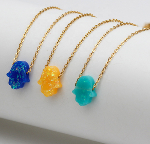 Nuova collana girocollo a mano in acciaio inossidabile placcato oro 18 carati a forma di mano Hamsa a più colori per donna - Product Image 4