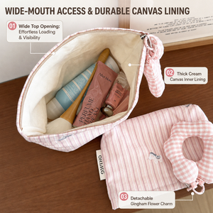 Sacs de <span class=keywords><strong>maquillage</strong></span> de voyage en coton rayé vintage personnalisés, ensemble de 2 pièces, pochette cosmétique à fleurs en gingham, trousse de toilette pour femmes - Product Image 3
