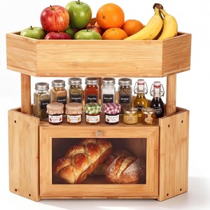 Boîte de rangement pour pain en bambou à double étage, étagère à fruits et légumes, organisateur de condiments en bois pour comptoir de cuisine - Product Image 1