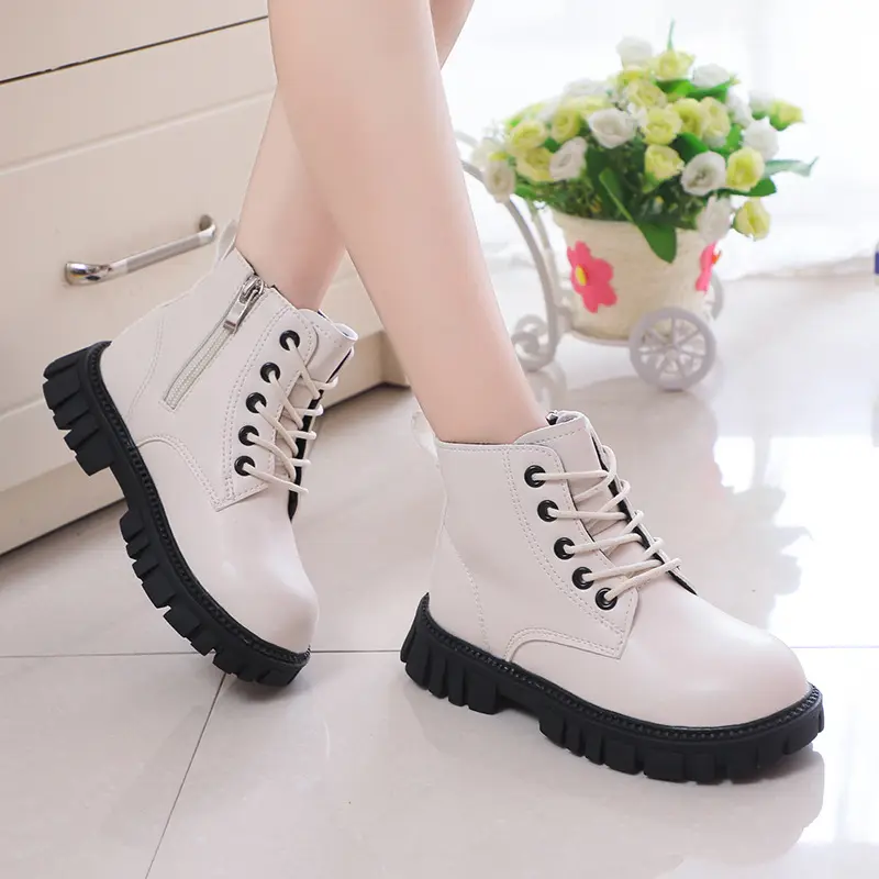 Shangzhou OEM Bota Girls Solid Color Lace-up Side Zipper Casual Boots