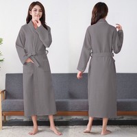 Peignoir unisexe en coton épais gaufré blanc 100 % coton, respirant, séchage rapide, col en V, long, pour l'hiver et l'automne, idéal pour la nuit et les bains - Vente en gros
