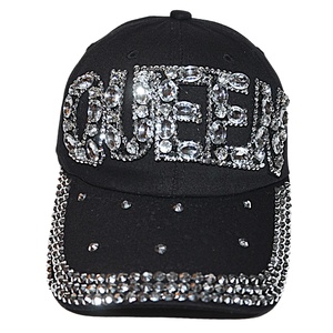 Black Letter Queen Custom Logo 5-Panel Sporty <b>Baseball</b> <b>Cap</b> with Shiny Rhinestone Bling Jeans Wash Denim Light - Product Image 1