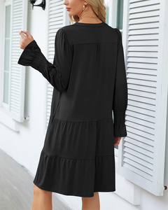 Premium Elegant Ladies V-Neck Long Sleeve <strong>Floaty</strong> Ruffle <strong>Dress</strong> Fashion Summer Collection Knee-Length Travel Beach Solid Sun <strong>Dress</strong> - Product Image 5