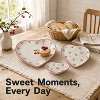 Ensemble de 3 assiettes en céramique en forme de cœur, peintes à la main, bord rouge, motif cœur cerise en relief, glaçure transparente, vaisselle de cuisine
