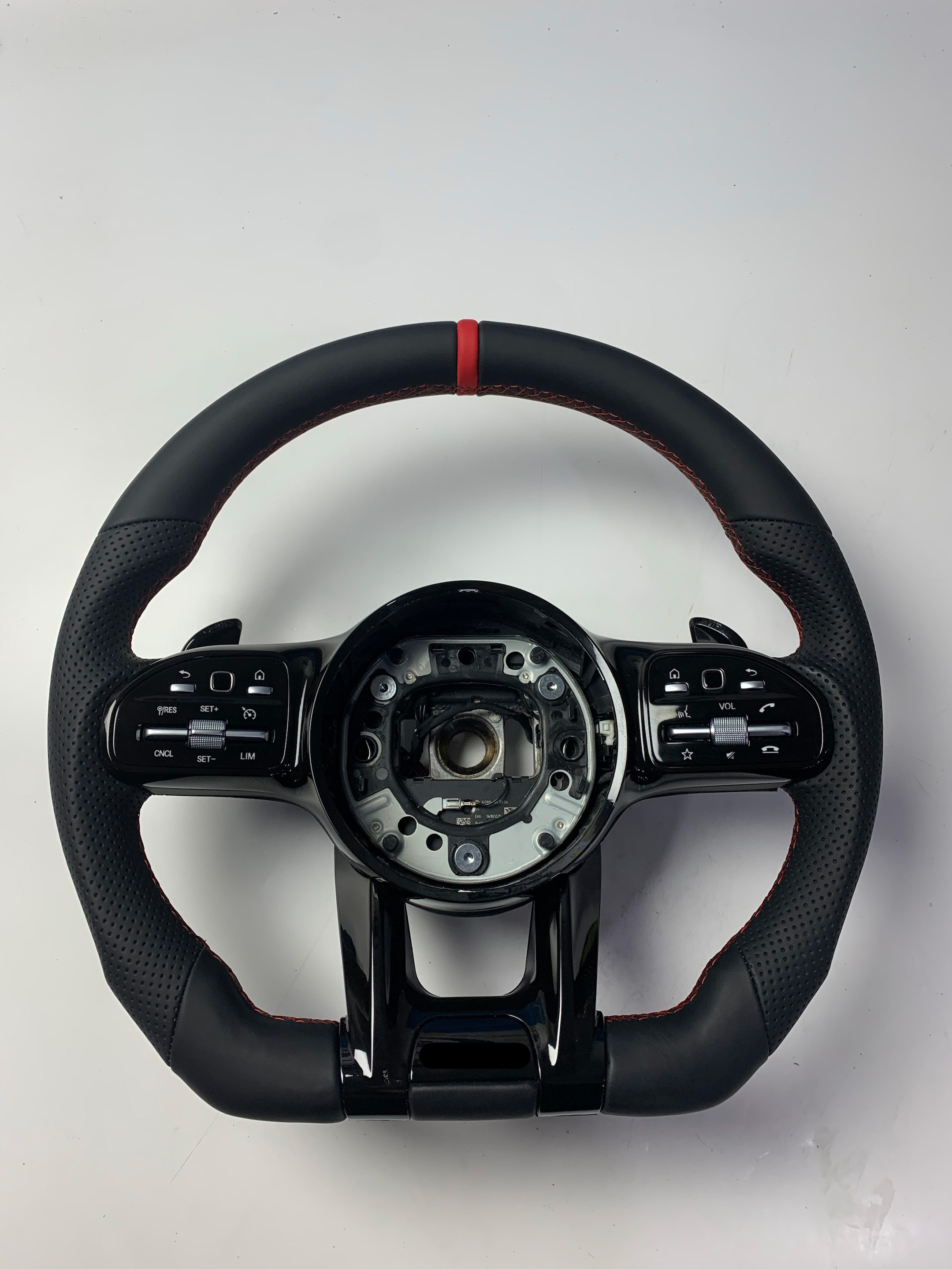 Black leather with red stitching