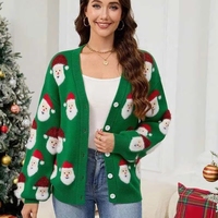 Pull cardigan imprimé Père Noël pour femmes européennes et américaines, automne, nouveau, simple, décontracté, tricoté pour Noël