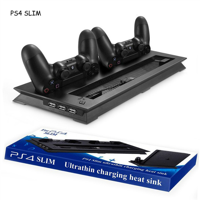 Game Console Vertical Stand with Cooling Fan Controller Charger Dock and Game Storage Slots for Playstation 4 PS4 Slim