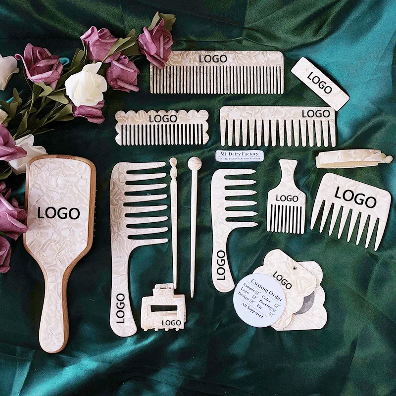 MiDairy CUSTOM LOGO 3000+ COLORS hair comb brush mirror hair pins claws set acetate beige Tortoiseshell