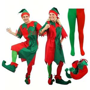 Costume de cosplay d'elfe pour adulte, rouge et vert, avec chapeau, combinaison et chaussures, idéal pour les fêtes de Noël amusantes - Product Image 1