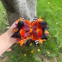 Barrettes à cheveux Halloween en ruban de satin multicouche avec imprimé fantôme et citrouille, pinces crocodiles pour filles, pour fêtes d'enfants, 14 cm