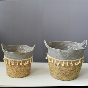 <b>Woven</b> <b>Baskets</b> Round Beige And Gray Handmade Storage <b>Basket</b> For Plant Home Decoration - Product Image 5