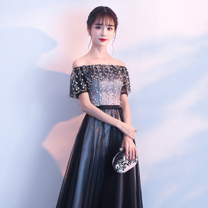 Vestido negro <span class=keywords><strong>de</strong></span> manga corta con hombros descubiertos para mujer, largo hasta el suelo, estilo veraniego, para <span class=keywords><strong>fiesta</strong></span> en la playa y graduación, venta al por mayor, 2020 - Product Image 2
