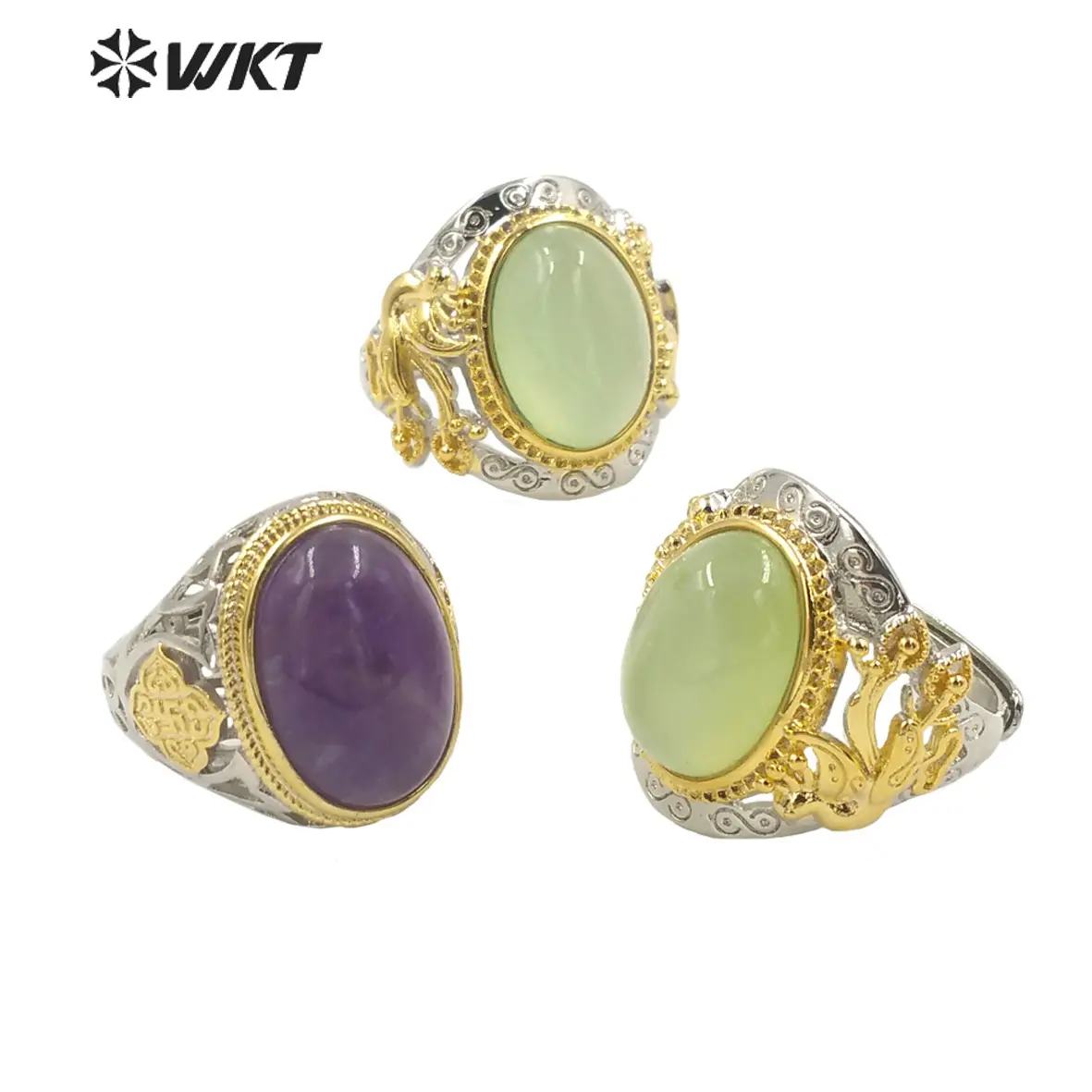 WT-R408 edles Design Hohl geschnitzte Blume Komplizierte Bastel ringe Runde natürliche Amethyst ringe Verstellbare Naturstein ringe