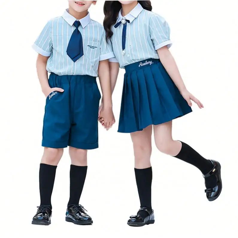New style school summer short sleeve striped blouse customized girl skirt school uniforms