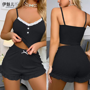 Nuevo conjunto de pijama con estampado de pestañas en forma de corazón estilo europeo y americano 2024, top camisola con cuello en V y pantalones cortos, pijamas para mujer - Product Image 5