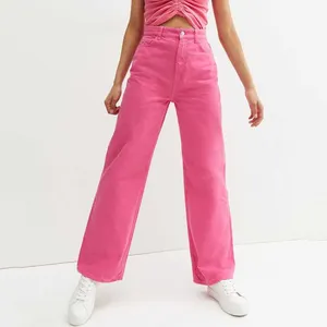 Celana Denim kaki lurus polos kasual wanita, celana Jeans Vintage Hot Pink pinggang tinggi untuk wanita