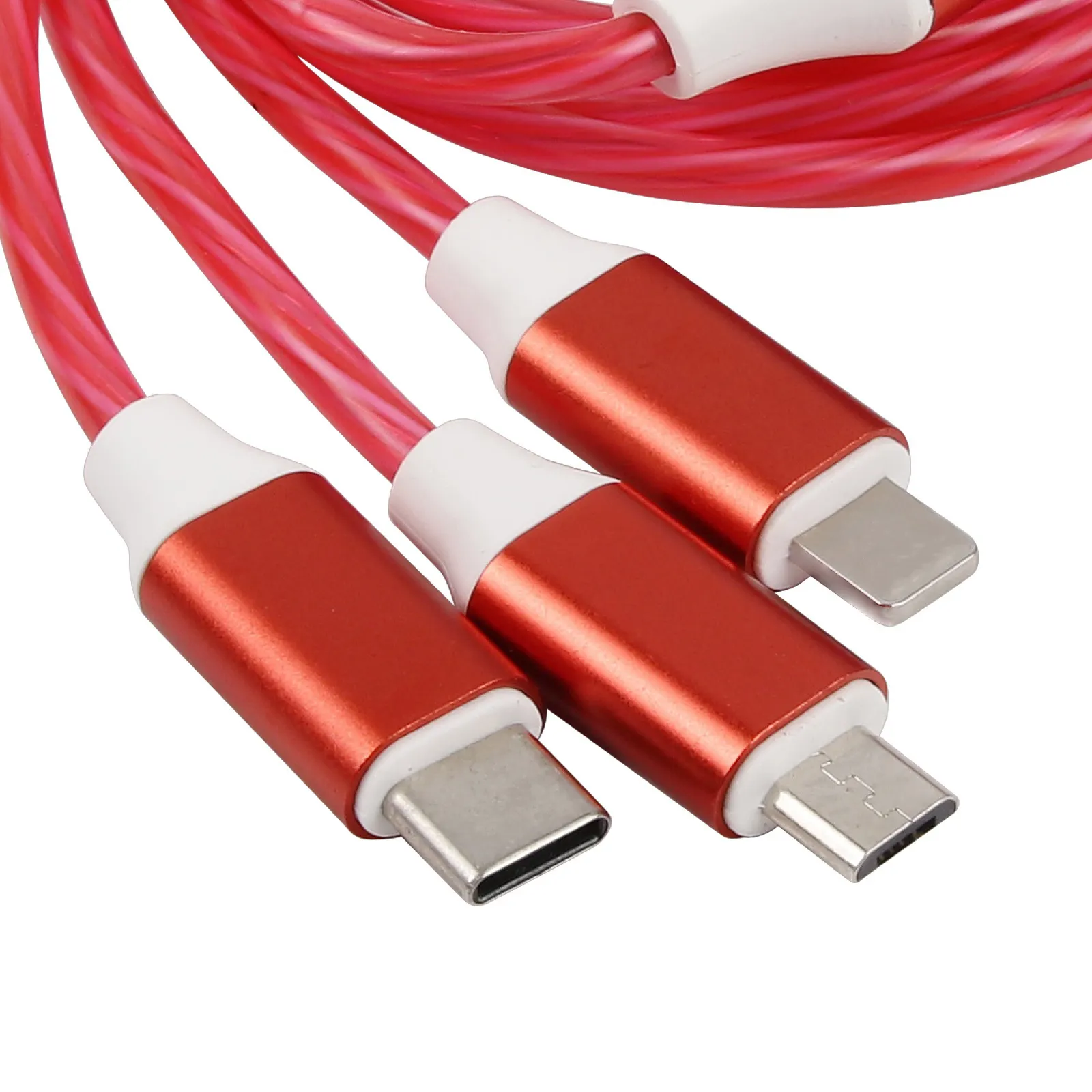 Kabel USB 1.2M lampu mengalir Led, kabel pengisi daya ponsel cepat mengisi daya 3 in 1 bercahaya mikro Tipe C garis kawat