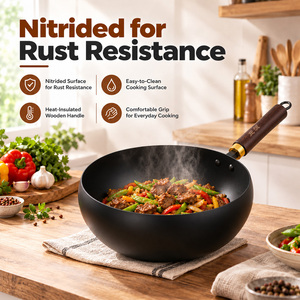 <span class=keywords><strong>Wok</strong></span> en fer pur non revêtu, poêle à frire à fond plat avec manche en bois pour la cuisine à domicile - Product Image 3