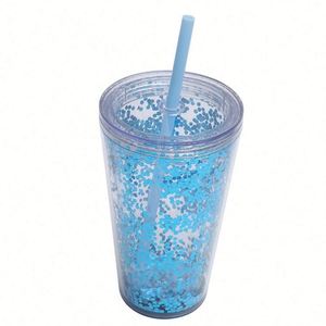 Gobelet à paille transparent minimaliste en plastique à double paroi de 16 oz, grande capacité, pour lait et jus, avec paillettes – Meilleures ventes - Product Image 2
