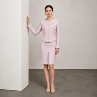 Ensemble veste en tweed et jupe crayon rose bouclé, tenue deux pièces pour femme, blazer sans col avec boutons argentés