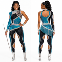 Tenue de majorette prête pour la scène - Combinaison métallique brillante bleu sarcelle et noir avec franges en strass, confortable et souple pour les équipes de danse