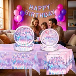 Juego de Platos y Servilletas <span class=keywords><strong>para</strong></span> Fiesta de Cazadores de Demonios, Platos y Servilletas Rosas y Morados con Notas Musicales <span class=keywords><strong>para</strong></span> Cumpleaños de Niña Mágica - Product Image 4