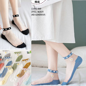 Chaussettes en perles de dentelle de style japonais pour femmes Chaussettes d'été ultra-minces transparentes avec broderie marguerite pour femmes - Product Image 4