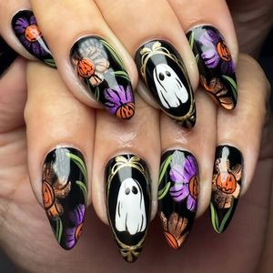 Ongles à porter en forme d'amande, motif citrouille, fleur, fantôme, goutte d'eau, pour <span class=keywords><strong>Halloween</strong></span>, YA-77 - Product Image 1