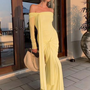 Women's New Fashion Yellow Casual Dress-One Shoulder Slim Long Elegant Maxi Natural Waistline-for Winter Spring Summer Autumn - Product Image 1