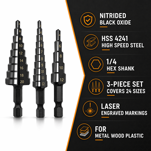Broca escalonada HSS <span class=keywords><strong>de</strong></span> óxido negro <span class=keywords><strong>de</strong></span> grado industrial, 3 piezas, 4-12/20 mm, <span class=keywords><strong>de</strong></span> estría recta, tipo Unibit, para perforación <span class=keywords><strong>de</strong></span> <span class=keywords><strong>tubos</strong></span> <span class=keywords><strong>de</strong></span> acero inoxidable - Product Image 3
