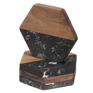 Wholesale Bulk <b>Black</b> Acacia and Marble Hexagonal <b>Coasters</b> Perfect for Retailers and Event Planners - Product Image 1