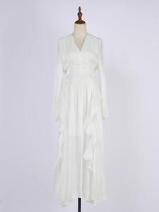 Vestido Nuevo y Moderno con Cuello en V, Plisado, de Manga Larga, con Adorno de <span class=keywords><strong>Hongo</strong></span> Negro y Falda Larga Entallada que Estiliza la Figura - Product Image 5