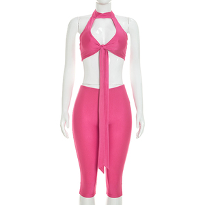 Viviblook J26ST290 Women <b>Sexy</b> Sleeveless <b>Set</b> Halter Strapless Hollow Out Twisted Ribbon Crop Top Cropped Pant Two Piece <b>Set</b> - Product Image 2