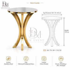 Round Cocktail <b>Table</b> for Wedding Receptions with Gold Stainless Steel Curved Cross Base and Mirrored Tempered Glass Top - Product Image 4