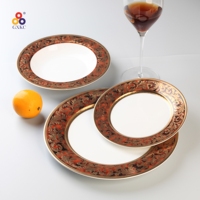 Service de vaisselle de luxe en porcelaine gaufrée or 18 pièces avec assiette à dessert 8 "assiette à soupe pour mariage et maison